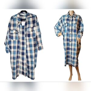 NWT On You Blue Plaid Cotton snap button. Shirt dress. Size medium. Oversized